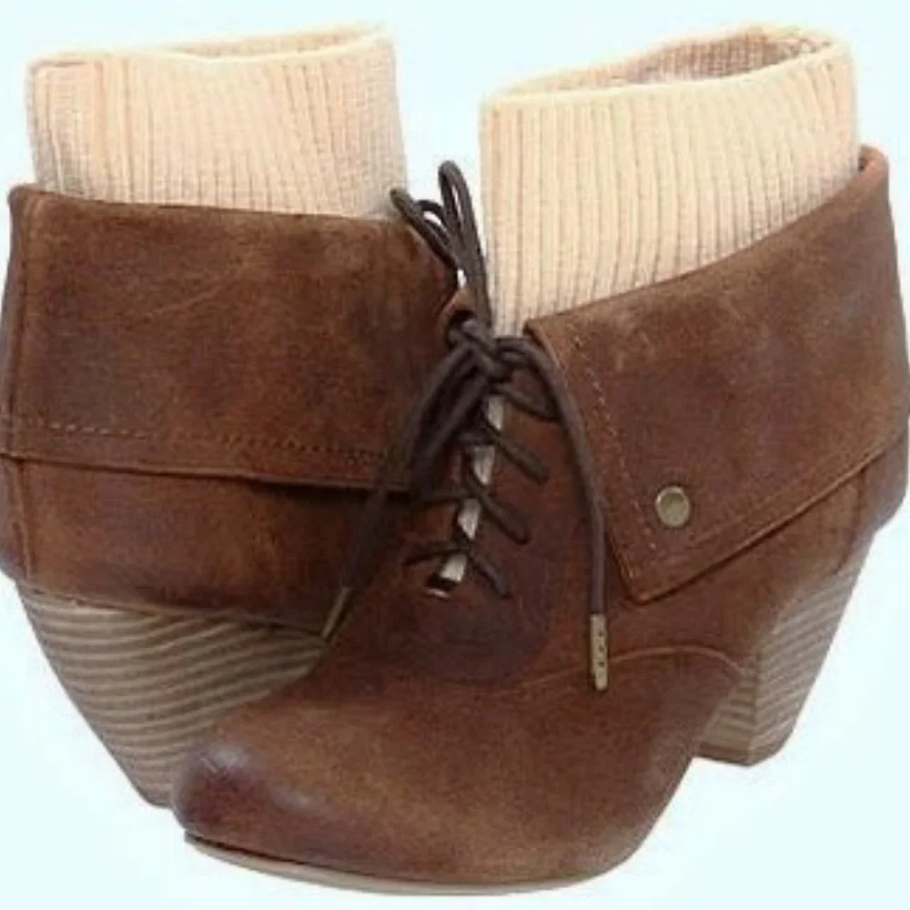 DR. SCHOLL'S BROWN SUEDE SWEATER KNIT LACE-UP ANKLE BOOT 7.5 NEW